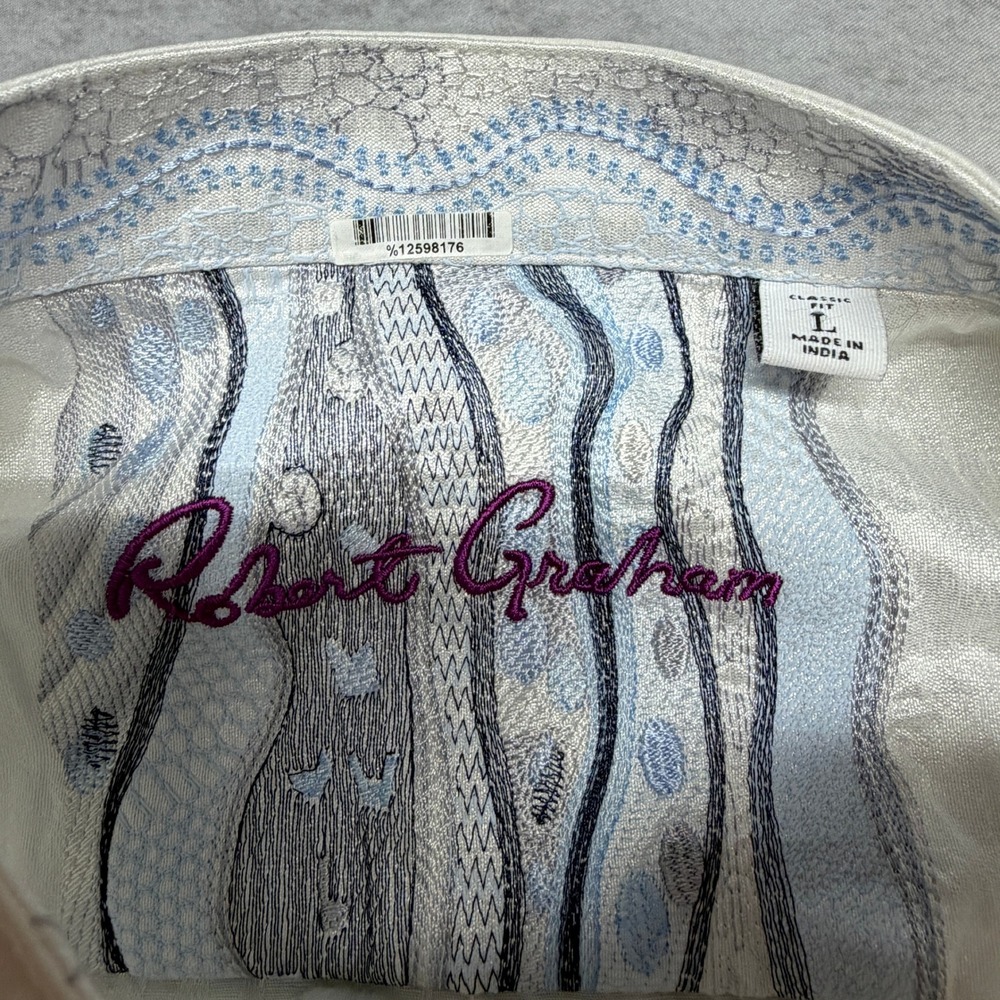 Robert Graham Mens L White Linen Blend Mandarin Collar Long Sleeve Shirt Classic - Picture 6 of 9